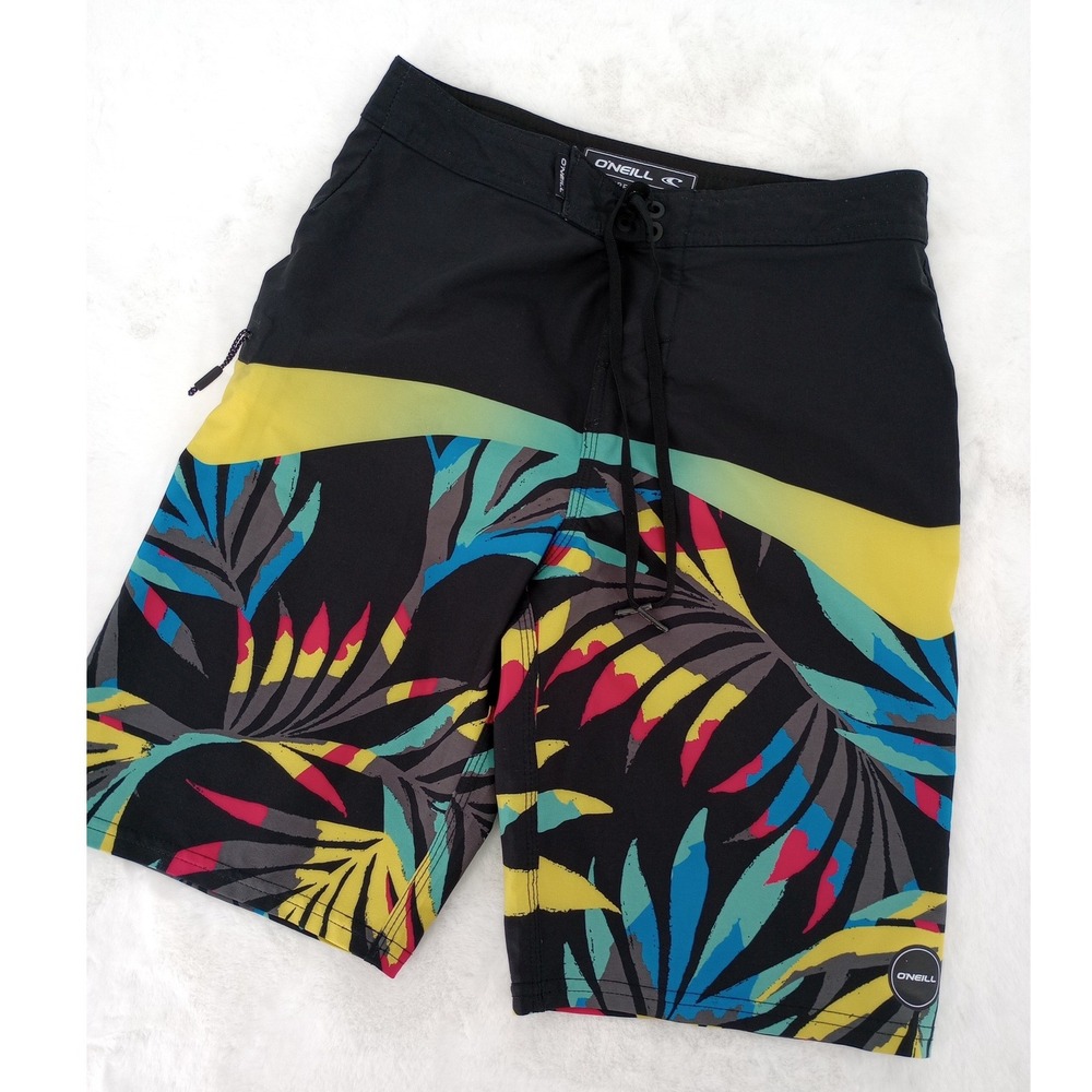 O'Neill Hyperfreak Board Shorts‎ Boys Size 26 Black Tropical Print Swim Trunks